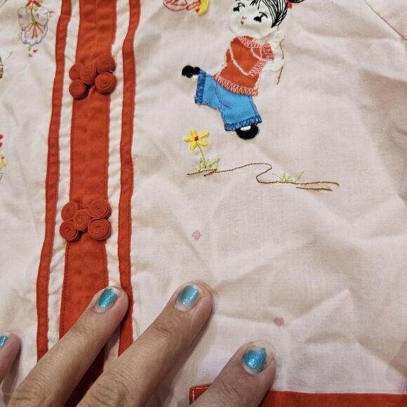 Vtg 60s Plum Blossoms Chinese Shirt Top Kids Girls 6 Asian Pink Red Embroidered - Picture 5 of 12